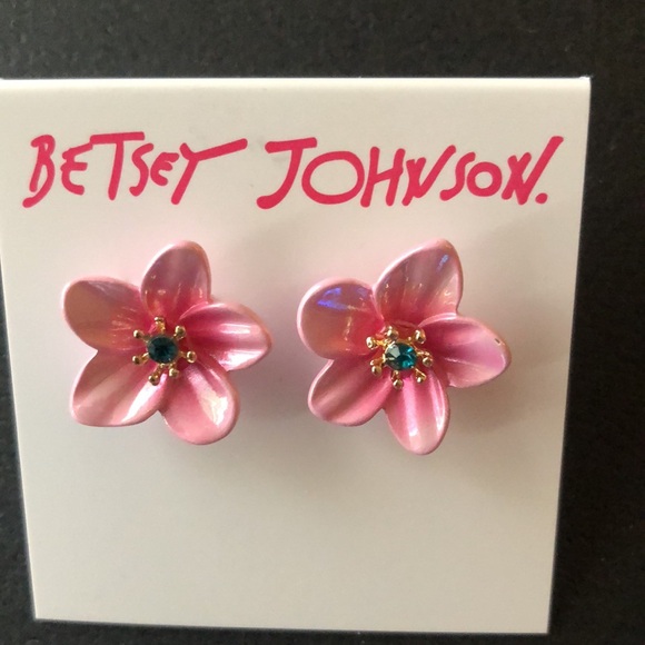 Betsey Johnson Pink Enamel Tropical Flower Stud Earrings Crystal Accent NWT - Picture 7 of 11